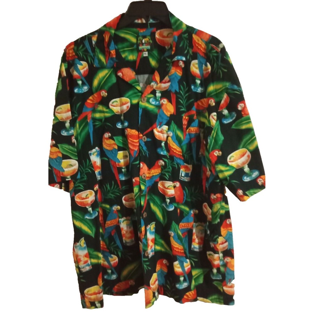 Hawaiian Shirt Men Size XLarge Parrots Cocktails Birds Drinks Aloha By Benny's